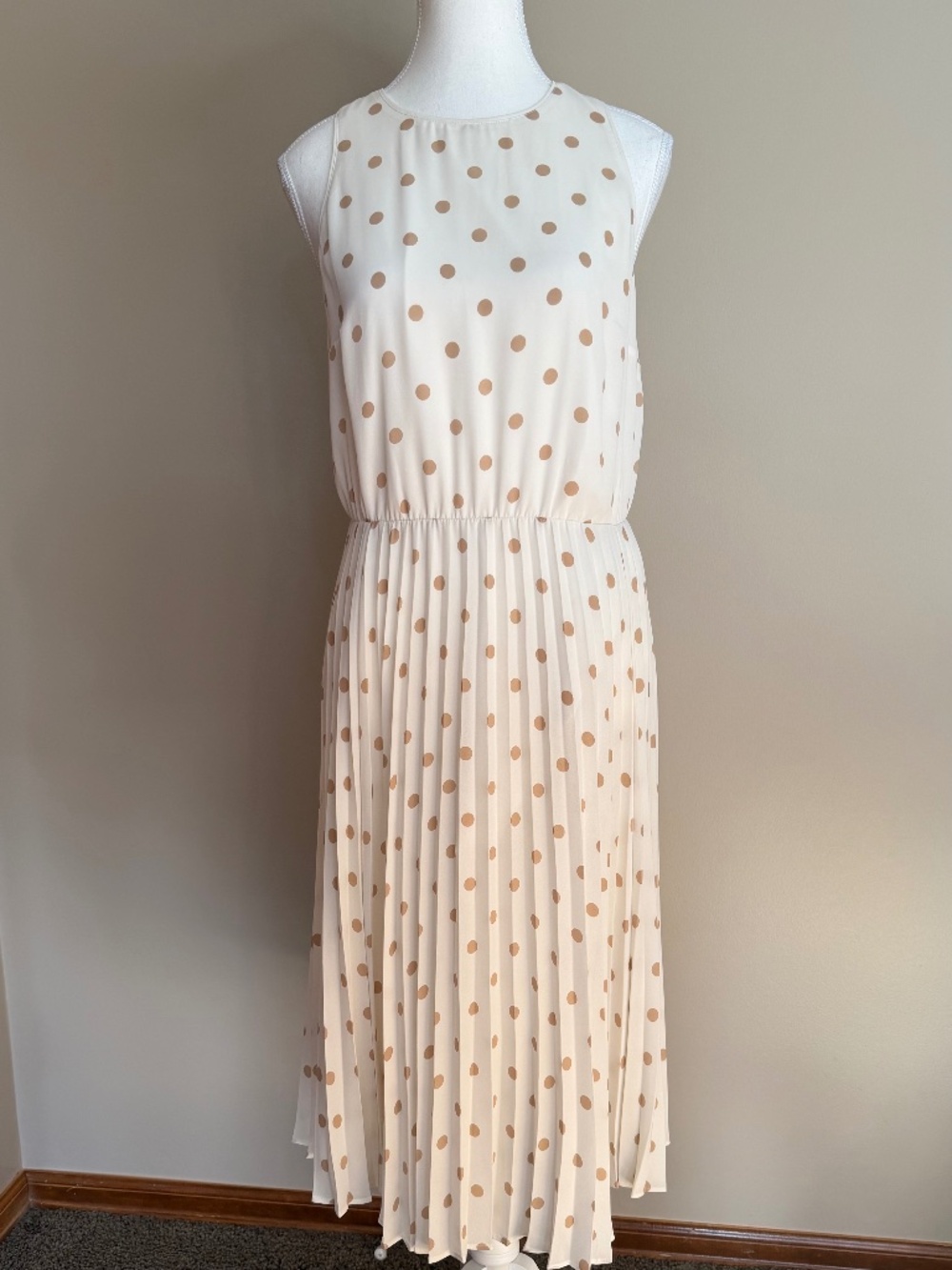 Ann Taylor Polka Dot Dress Women Size 4 Cream Tan Pleated Sleeveless Midi Zip